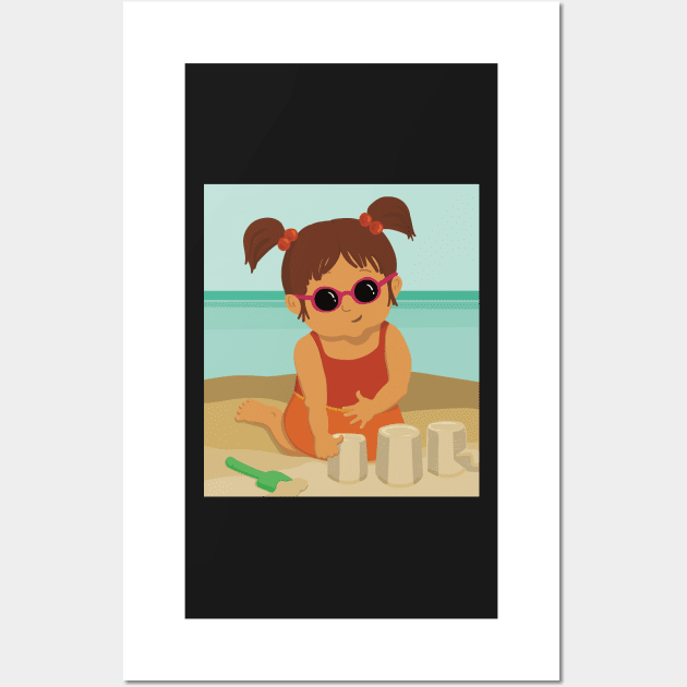 Cute little summer girl is on vacation building a sand castle on the beach Wall Art by marina63